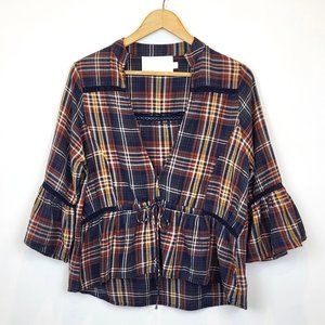 Vacate the Label Brown Metallic Plaid Bell Sleeve Boho Shirt, Size Medium, EUC